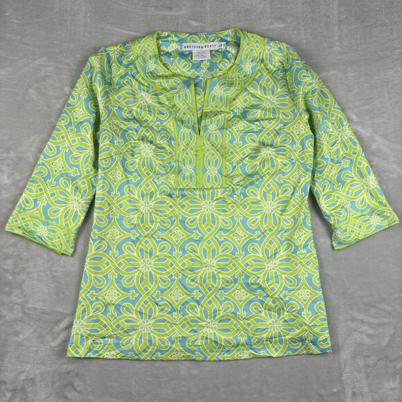 Gretchen Scott Designs Tops - Gretchen Scott Designs Green Blue White Pattern Cotton Tunic Top Sz Large spring